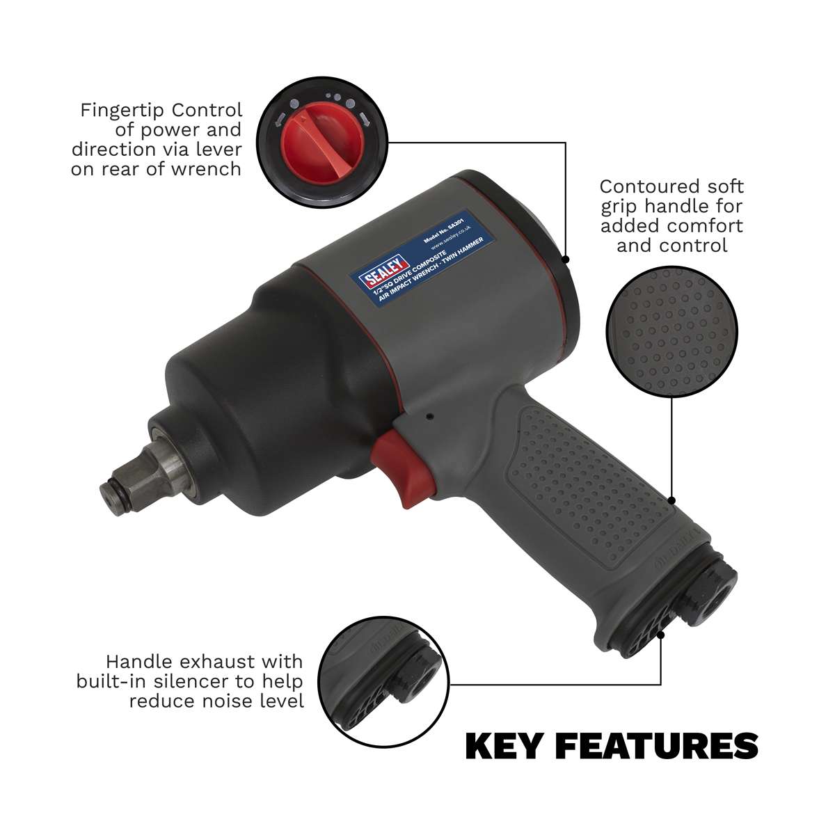 1 2 Sq Drive Composite Air Impact Wrench Twin Hammer SA201 Sealey